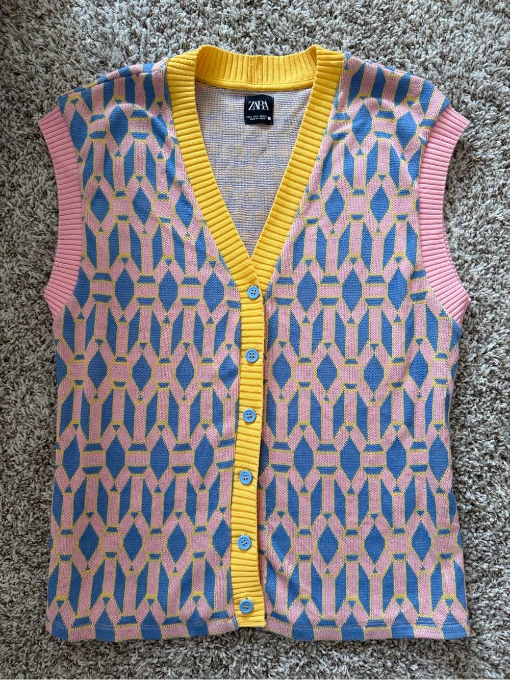 Zara Geometric Knit Cardigan Vest in Pink, Blue & Yellow Trim